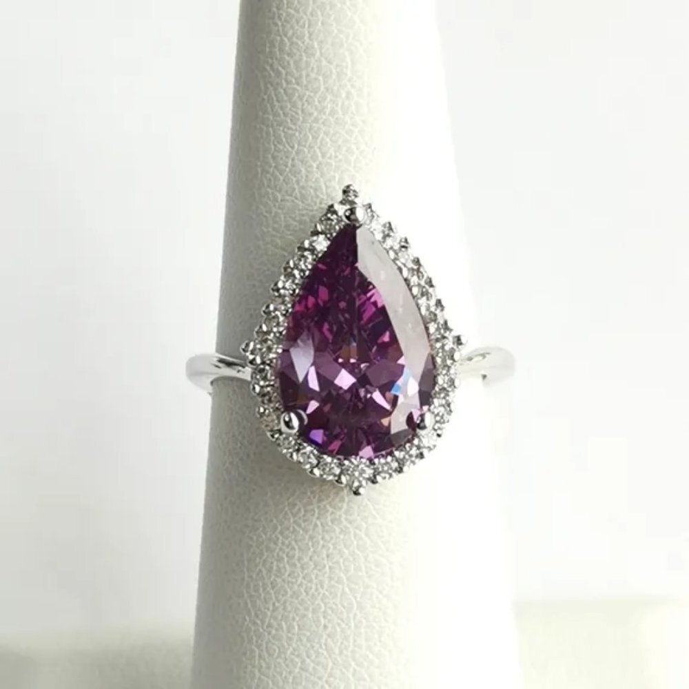Teardrop pear cut Amethyst cz halo cz ring size 6 🆕 - Picture 2 of 5